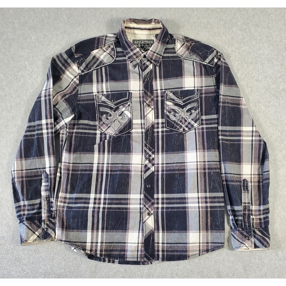 Affliction Black Premium Mens Large Plaid Button Up Shirt Live Fast Eagle Grau